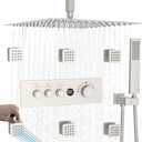 Temperature-Display Shower System with Body Jets, 16 Inch Rainfall Shower with Push-button Thermostatic Valve and Independent Flow Control, Brushed Nickel