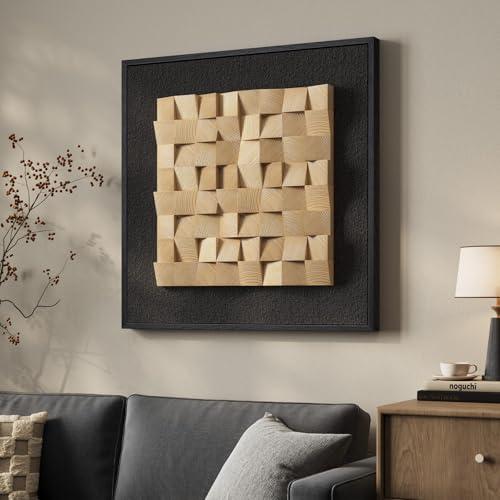 Framed 3D Textured Wood Wall Art, Modern Minimalist Nature Wood Geometric Artwork for Walls, Contemporary Rustic Black Sandstone Painting Wall Decor for Living Room, Bedroom, Kitchen, Office, 28x28