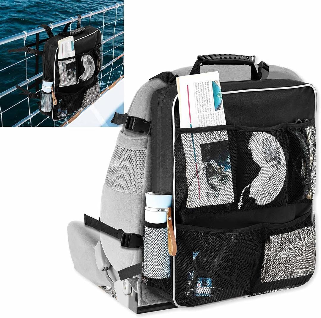 Boat Seat Backpack Boat Backseat Storage Organizer with Mesh Pockets, Handle and Adjustable Back Belt, Waterproof Boat Storage Bag for Swimsuit Boating Accessories, Black