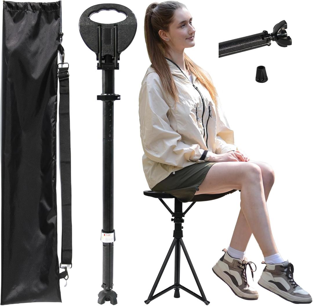 Walking Cane with Seat Folding Lightweight, Portable Cane Seat with Carry Bag, Walking Stick with Seat for Seniors & Adults, Foldable Adjustable Cane Chair for Travel Hiking