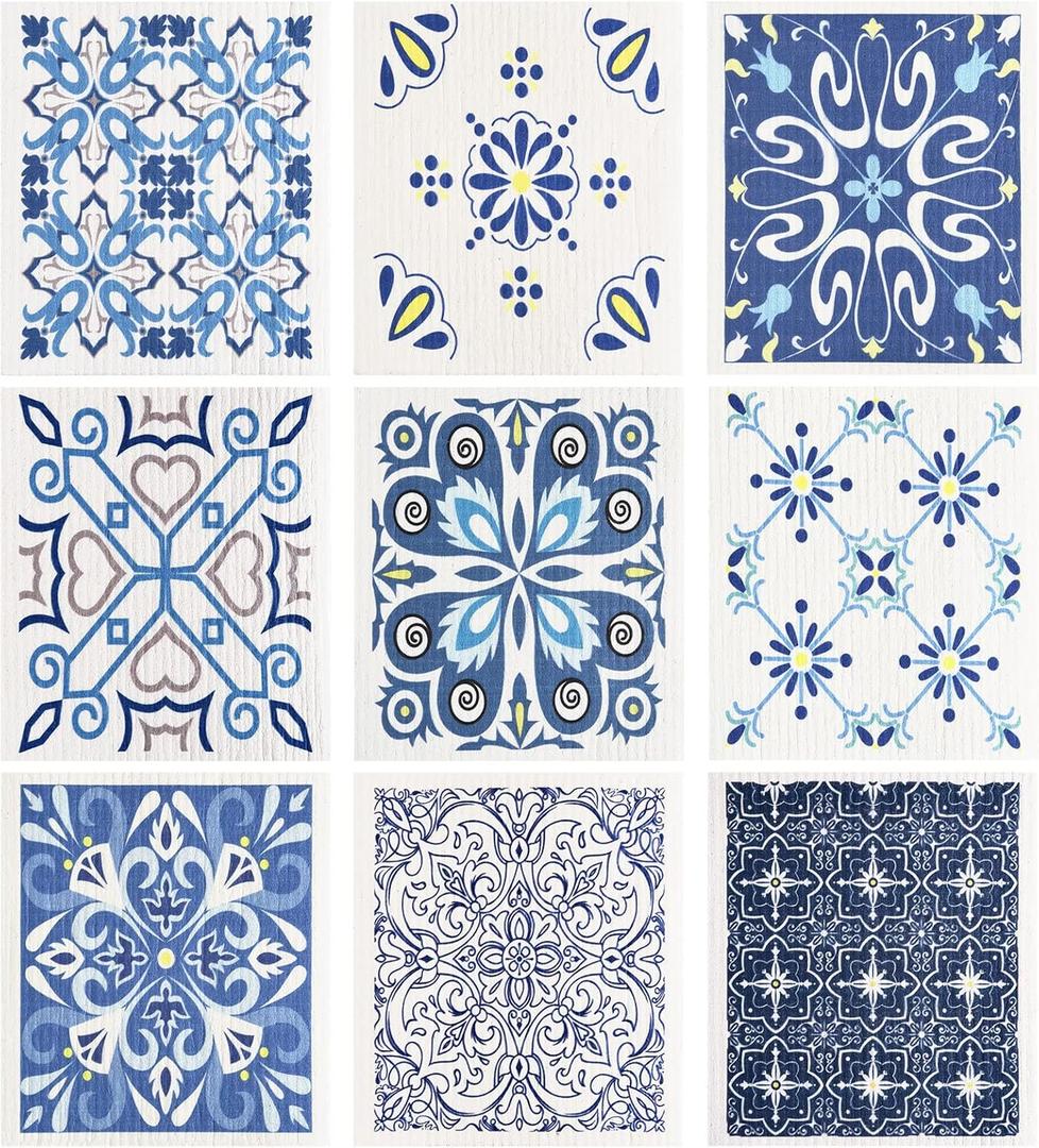 WILLBOND 9 Pieces Blue Style Swedish Kitchen Dishcloths Reusable Absorbent Hand Towels Sponge Cloth for Baking Cooking Kitchen Home Decoration Housewarming Gift