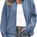 PRETTYGARDEN Faux Suede Bomber Jacket Women Fall Fashion 2026 Casual Zip Up Oversized Trendy Winter Clothing Outerwear Coats (Blue, S)