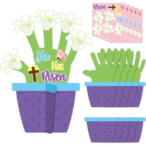 WATINC 24 Pack Easter Jesus He is Risen Handprint Flower Craft Kit, Make Your Own Religious Lily Cross Decorations, DIY Christian Flower Pot Gift Sunday School Classroom Home Party Activities for Kids