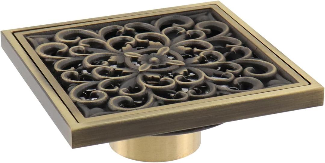 MY MIRONEY Antique Floor Drain Square Brass Shower Drain 4 Inch Bathroom Ground Drainer with Removable Cover Waste Water Strainer - Rattan Fower Carved, Bronze 