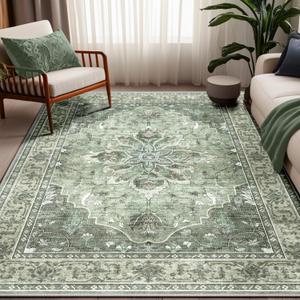 Area Rugs 6'x9' Washable Non-Slip, Floral Vintage Distress Print Pattern Medallion Carpet for Living Room Bedroom Dining Room, Dark Green Gray