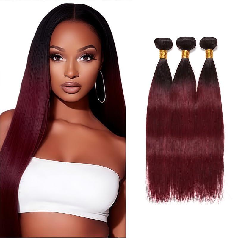 T1B/99J Ombre Burgundy Bundles Human Hair Straight 18 20 22 Inch Straight Human Hair Bundles Brazilian Virgin Remy Quick Weave for Black Women T1B/99J Color