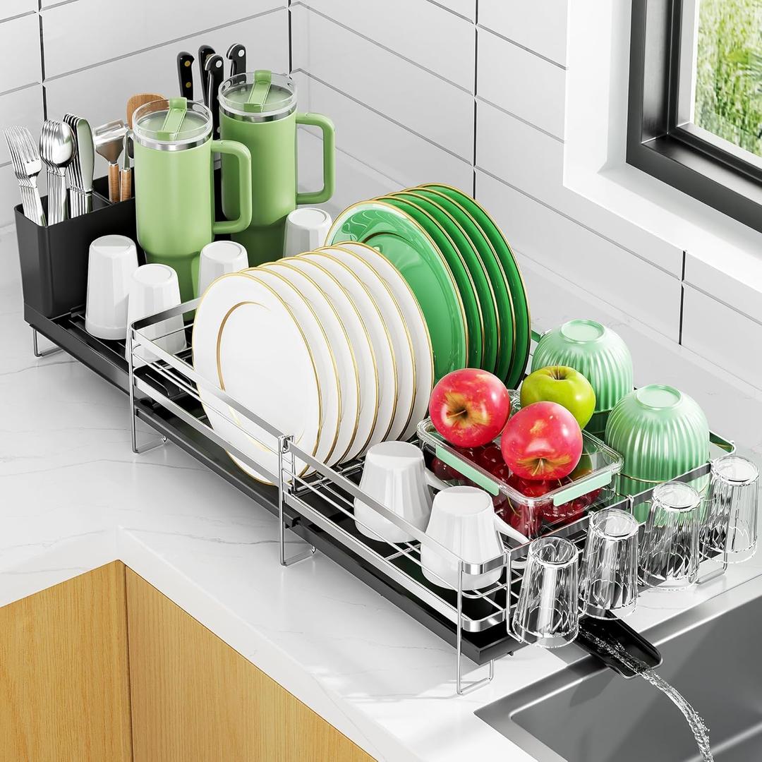 Large Dish Drying Rack, Expandable Dish Rack, Stainless Steel Anti-Rust Dish Racks for Kitchen Counter, Multifunctional Dish Drainer with Utensil Holder & Cup Holder, 13.4"-28.7" L x 11.8" W