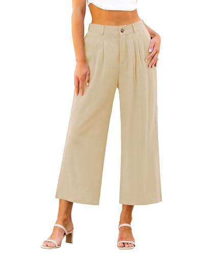 GRAPENT Capri Pants - Summer Outfit, Wide Leg Palazzo Pants - Linen Clothes, Womens Wide Leg Trousers - Khaki, Size Small (US Size 4 / Size 6)