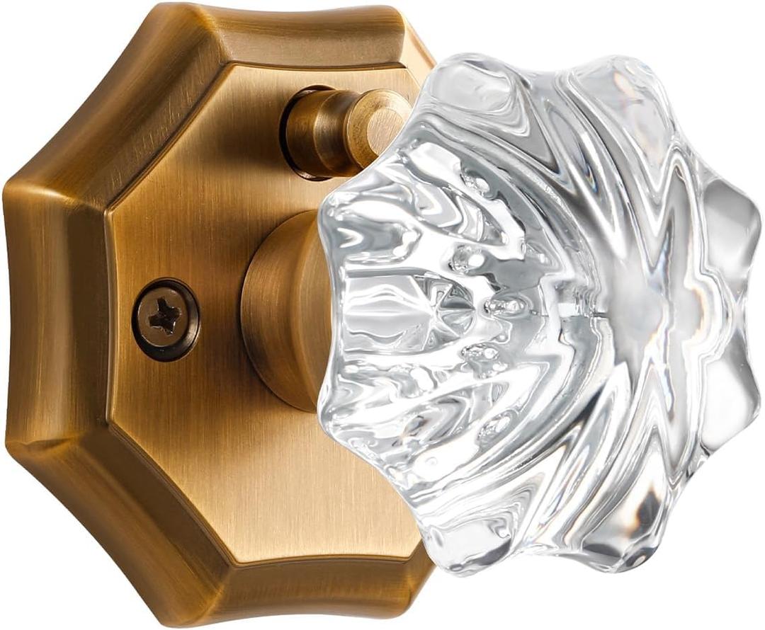 1 Pack Glass Knobs Antique Brass Door Knob Interior Privacy Door Knob for Bedroom and Bathroom Crystal Door Knob