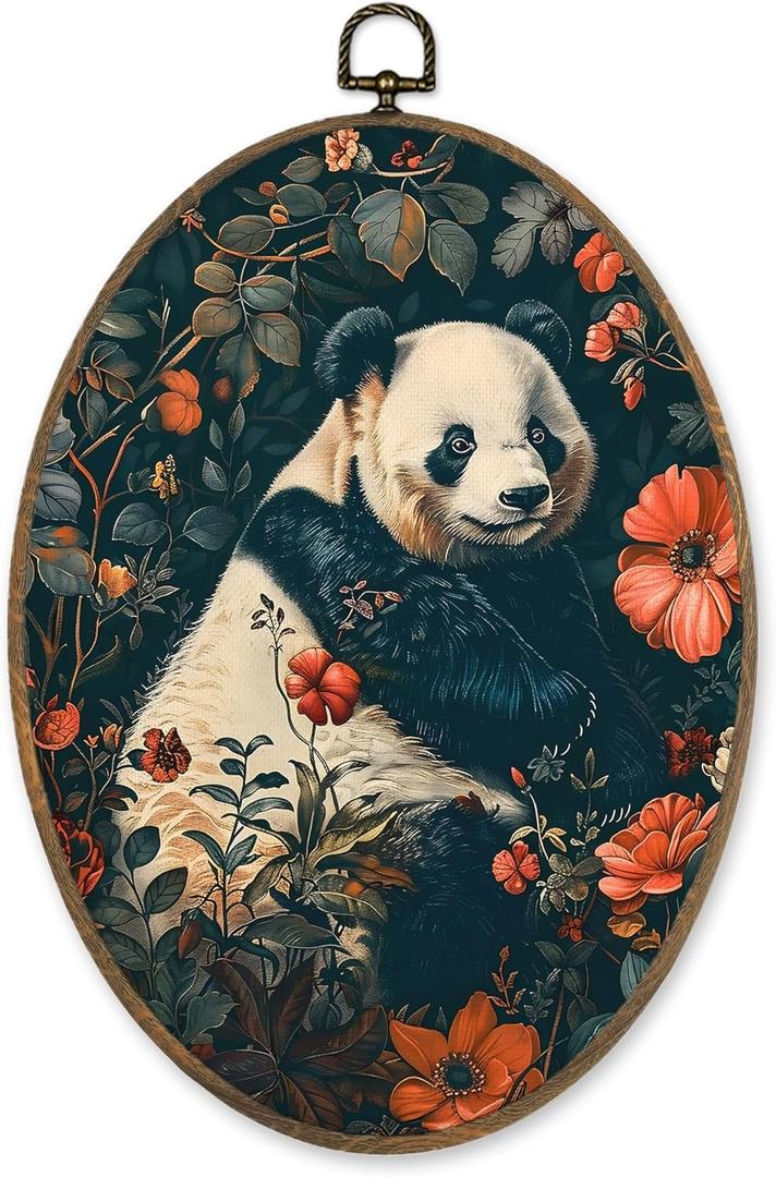 LKETW Vintage William Morris Panda Floral Oval Wall Art Decor, Retro Cottagecore Botanical Floral Oval Canvas Hanging Decor, Panda Animal Wall Decorations for Home Bedroom Living Room, 8.6x11.4 Inch