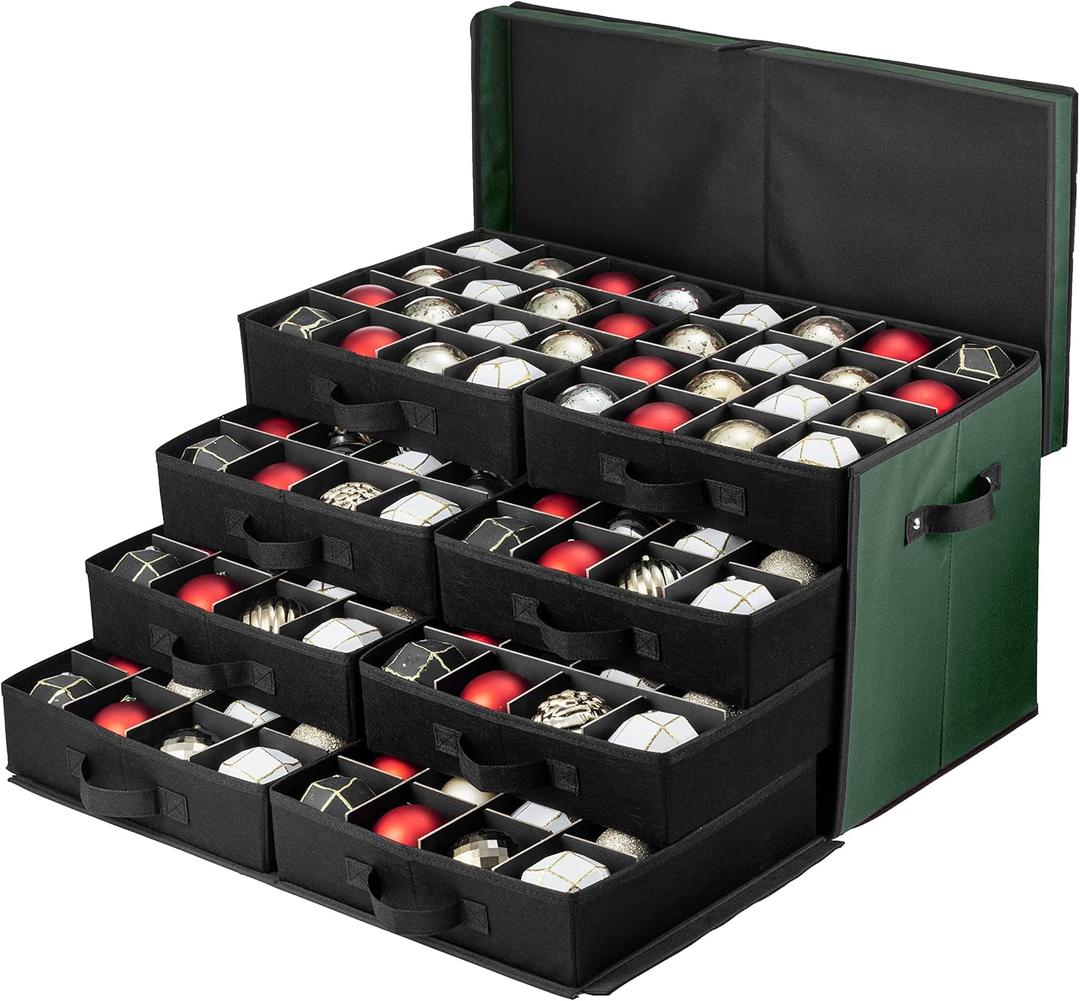 ZOBER Christmas Ornament Storage Box - Stores 128 3" Ornaments with Drawer Style Trays - Tear Proof 600D Oxford Fabric - Ornament Organizer Storage Box, Durable Christmas Containers Holder - Green