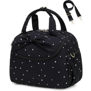Bluboon Lunch Box for Women, Large Insulated Lunch Bag with Shoulder Strap, Adult Lunch Tote Teacher Nurse, Bow Lunch Cooler Gifts for Work Picnic Travel, Black (Black White Dots)