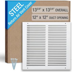 12 x 12 Inch (Duct Opening) Return Air Vent Cover, Louvered Steel HVAC Grille for Wall and Ceiling, White Powder-Coated Rust-Resistant Finish, Decorative Design, Easy to Install