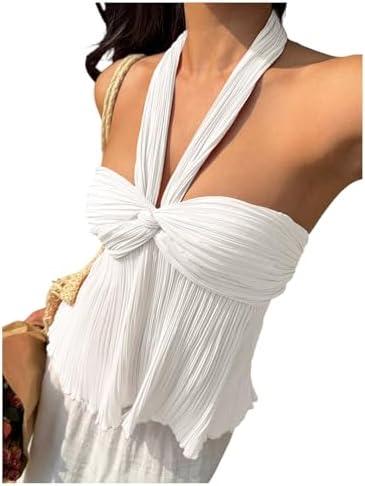 Floerns Women's Trendy Going Out Halter Tops Twist Front Halter Tops Sleeveless Pleated Backless Tank Top, S