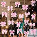 2 x Pink Bow Party Hanging Swirls Decorations, Pink Bow Banner Hanging Swirls for Girls Birthdays, Baby Showers, Bridal Showers, Bachelorette Parties