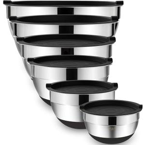 Umite Chef Mixing Bowls with Airtight Lids6 piece Stainless Steel Metal Nesting Storage Bowls, Non-Slip Bottoms Size 7, 3.5, 2.5, 2.0,1.5, 1QT, Great for Mixing & Serving(Black)