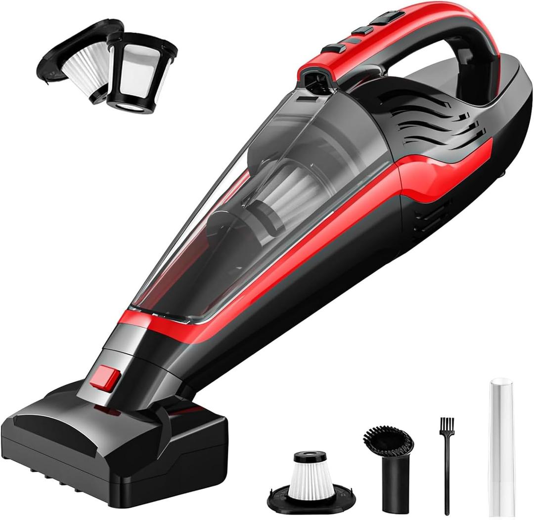 Pet Hair Handheld Vacuum, Car Vacuum Portable Cordless Rechargeable with Reusable Filter and Motorized Brush for Carpet, Couch & Stairs, Red, 17.4"X 4.6"X 6.6"