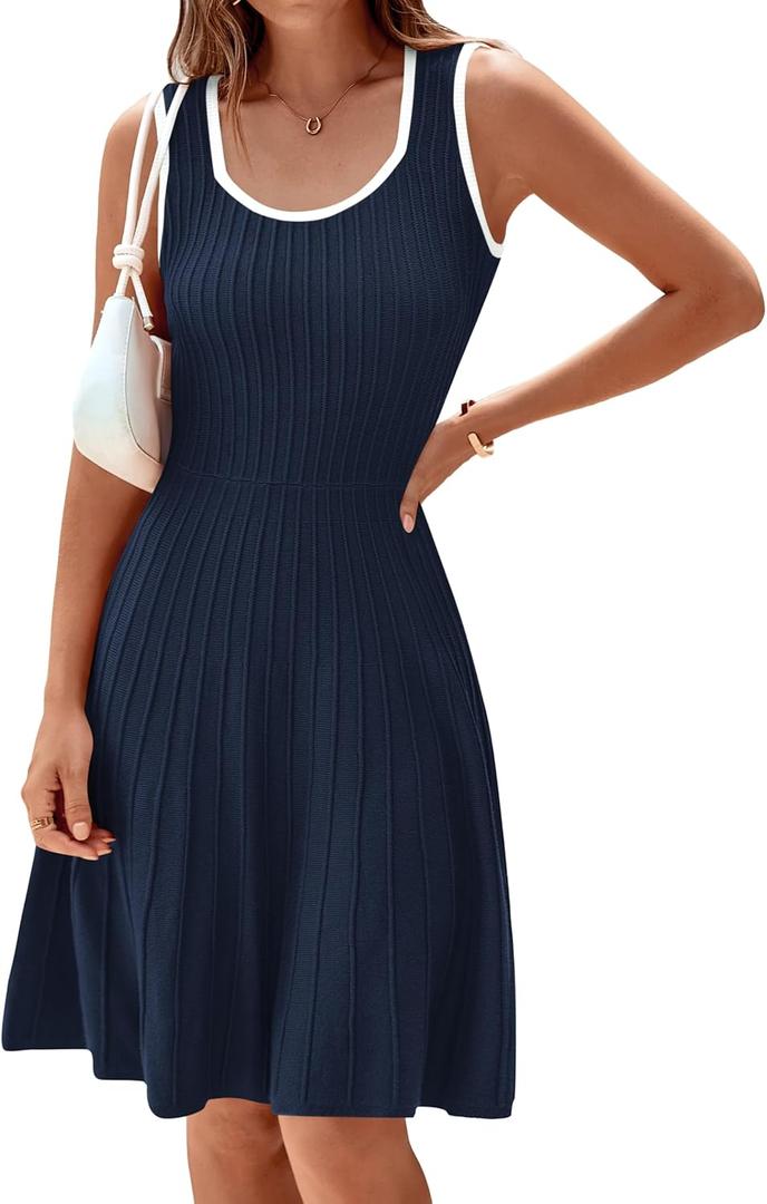 MASCOMODA Women 2025 Casual Summer Mini Dresses Sleeveless Sweater Dress Square Neck A Line Swing Knit Tank Short Dress (Black, Large)