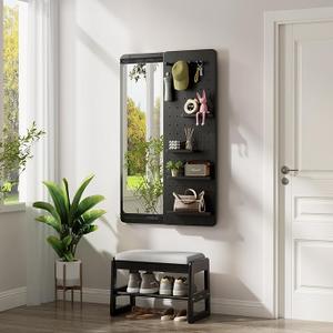 KungFuWood Full Length Mirror with Shelf and Hooks,Entry Way Mirrors for Wall,Wall Mirror with Shelf,Wall Mirror with Storage Multifunctional Design Panel,Living Room