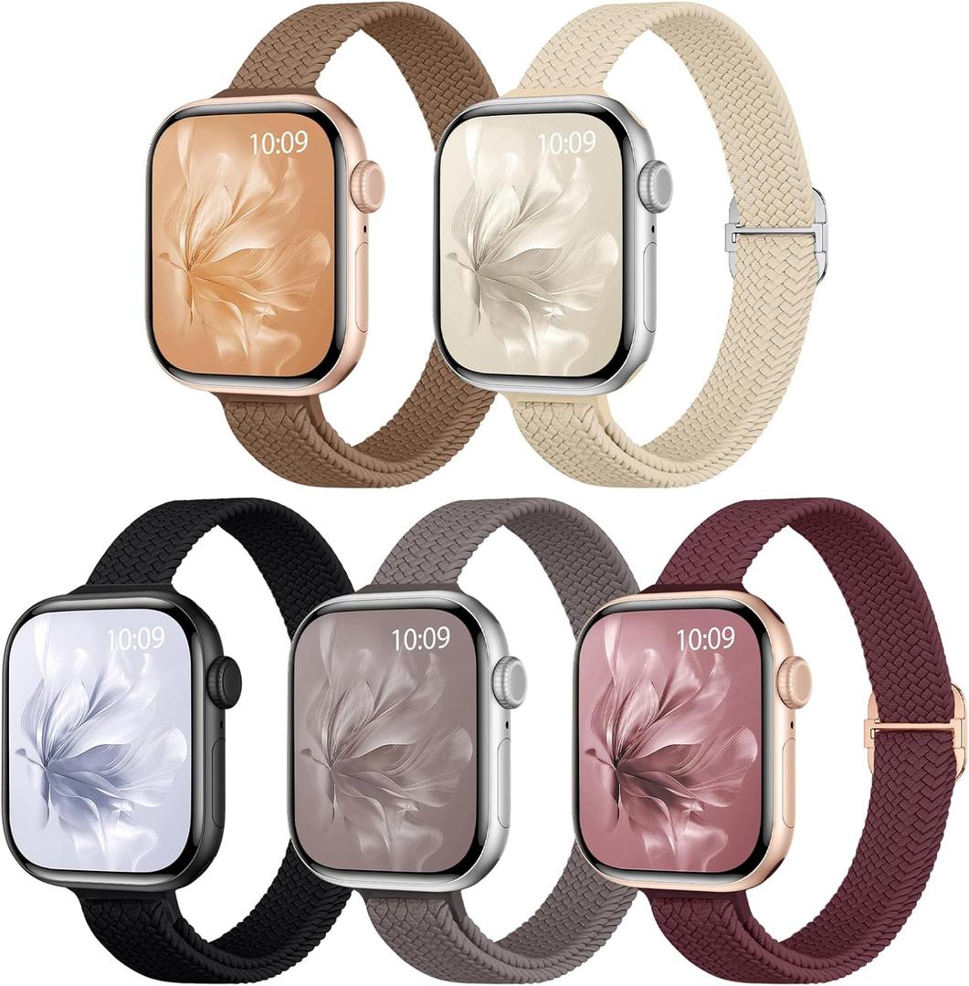 5 Pack Slim Braided Stretchy Bands Compatible with Apple Watch Band 40mm 41mm 42mm 38mm 44mm 45mm 46mm 49mm Women Men, Thin Elastic Nylon Solo Loop Straps for iWatch Series 10 9 8 7 6 5 4 3 11 SE 2/1 (Black/Beige/Brown/Clay)