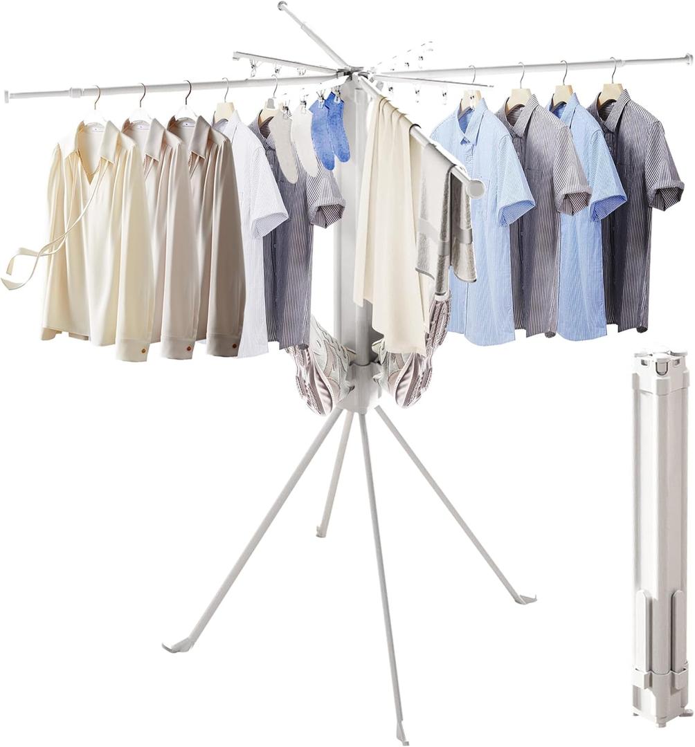 Foldable 4-Legged Clothes Drying Rack, Heavy Duty Laundry Drying Rack with Sock Clips & Shoe Holders, Large Capacity Collapsible Drying Stand for Indoor Outdoor Use (White)