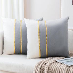 ZLINA Set of 2 Velvet Decorative Throw Pillow Covers Grey White Patchwork with Gold Leather Pillow Covers 16  16 Inch Cushion Covers Decor Living Room Sofa Bedroom Car