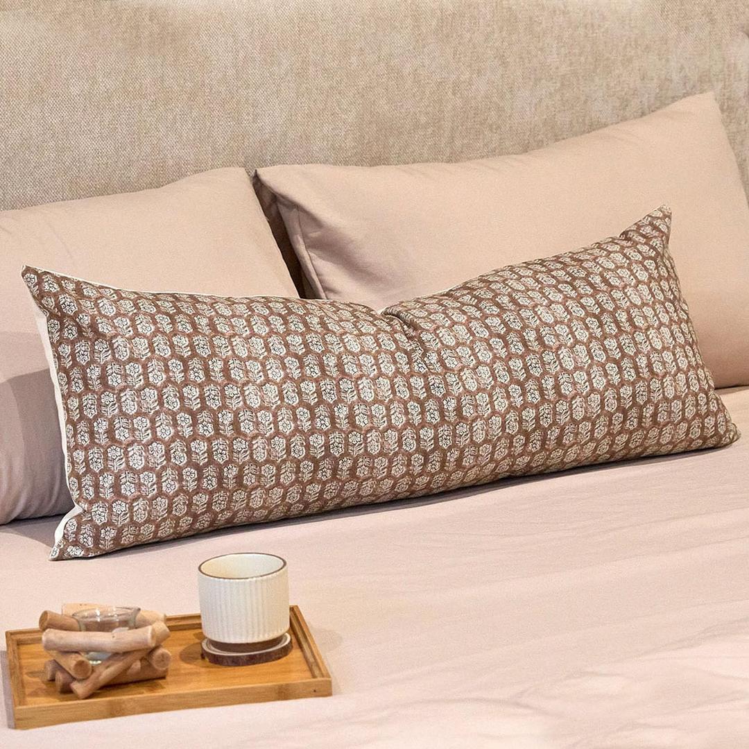 DOMVITUS 14x36 Floral Lumbar Throw Pillow Cover - Decorative Farmhouse Block Print for Bedroom Living Room, 1PC, Cognac Brown