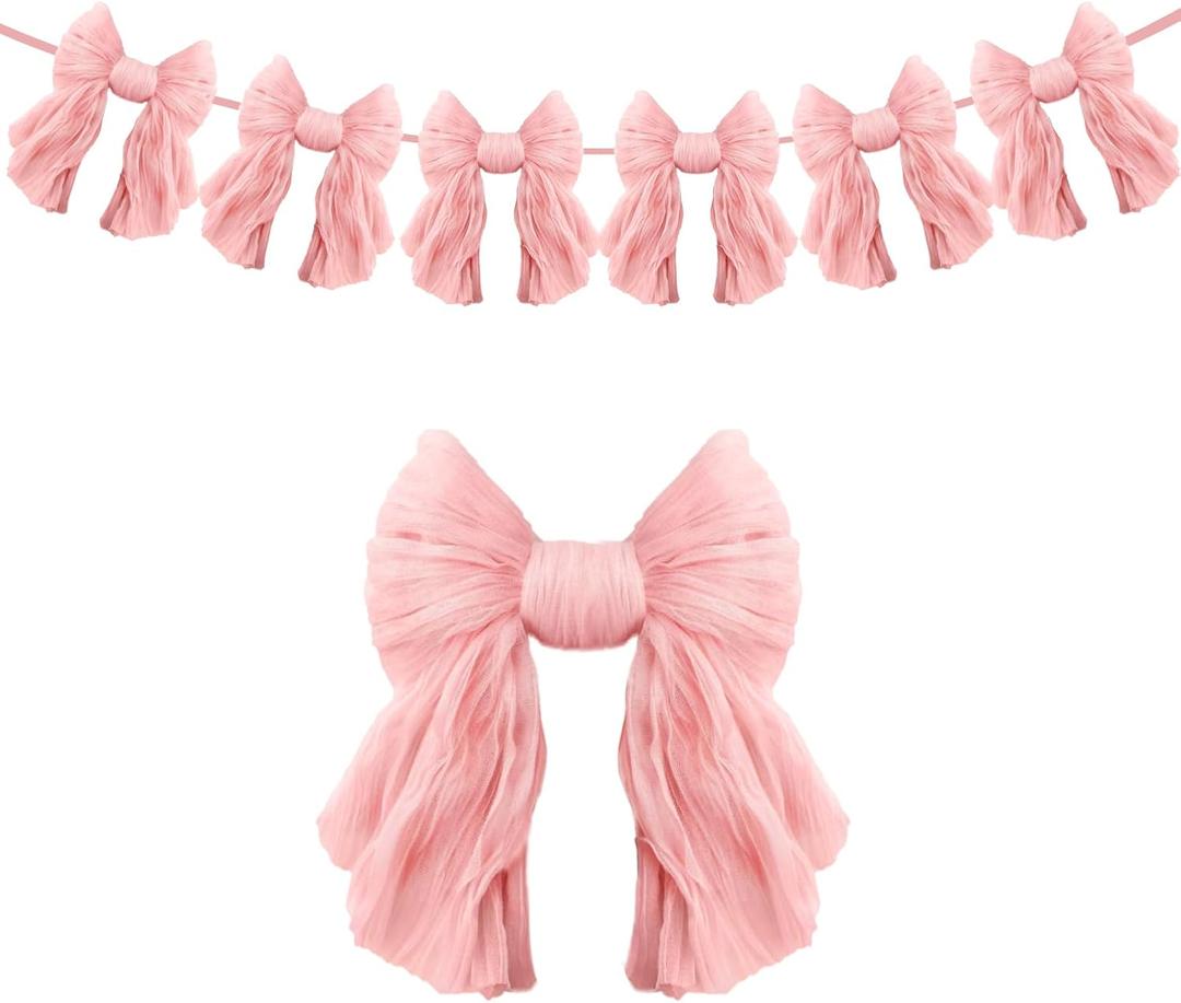 1 String of 6 Pink Bows Garland Banner Decoration, Adjustable Pre-Strung Ornaments for Birthday, Bachelorette Party, Bridal Shower, Wedding, Engagement, Baby Shower, Graduation Decor, Anniversary