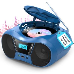 Greadio Boombox CD Player for Home with Bluetooth, Portable CD Player Boom Box with FM Radio, Stereo Sound, AC/Battery Powered, CD/CD-R/RW Compatible, Support AUX/USB/Headphone (Blue)