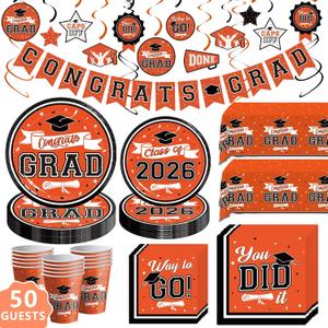 DAZONGE 2026 Orange Graduation Decorations, 265pcs Disposable Graduation Decorations, Class of 2026 Grad Party Supplies for 50 Guests, Tableware Set, Congrats Grad Banner and Hanging Swirls