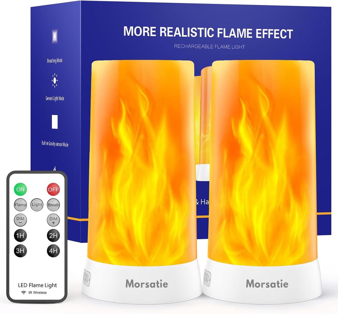 Morsatie Upgraded LED Flame Light with Upside Down Effect, Remote Timer & 4 Modes, Rechargeable Battery Operated Waterproof Flameless Candles for Indoor Outdoor, 2 PCS