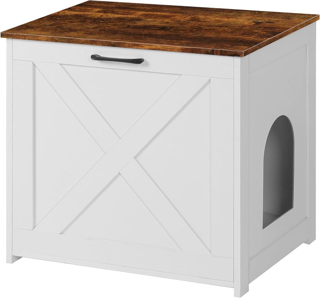 Dwanton Cat Litter Box Furniture Hidden, Cat Litter Box Enclosure, Reversible Entrance Can Be on Left or Right Side, Indoor Cabinet, Wooden Washroom, End Table, White and Rustic Brown, 23.6" L (23.6 x 19.7 x 21.7 Inches)