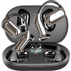Open Ear Bone Conduction Bluetooth 5.4 Headphones,Wireless Earbuds Built-in Mic Sport Over Earphones with Comfort Ear Hooks LED Display Charging Case,Waterproof IPX7 Headset for Running Fitness,Black