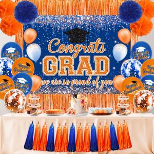 Graduation Decorations Class of 2026, Congrats Grad Backdrop, Graduation Balloons, Paper Pompoms, Paper Tassels, Foil Curtains for 2026 Graduation Party Decorations(Blue Orange)