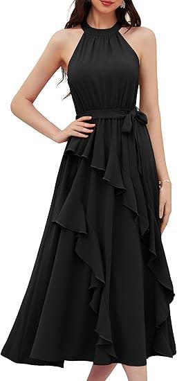 GRACE KARIN Women's 2024 Summer Sleeveless Halter Neck Ruffle Hem Split Flowy Swing Long Midi Dress with Belt, Size M 