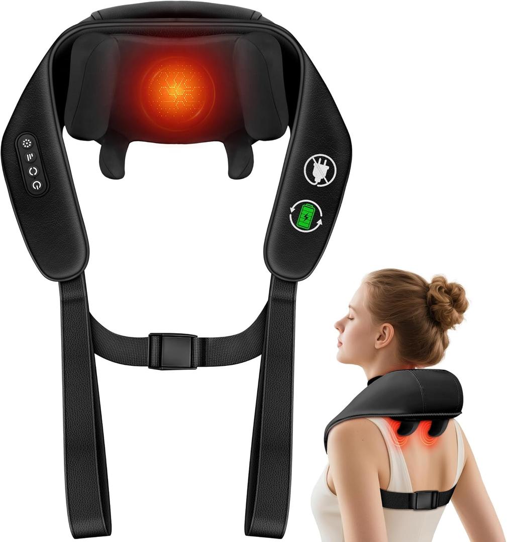 Shiatsu Neck and Back Massager, Shoulder Massager for Pain Relief Deep Tissue, Cordless 4D Deep Tissue Kneading Massage Pillow with Heat for Neck, Back, Legs, Massager Gifts for Men Women (Black)