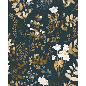 Laatse Navy Floral Wallpaper Peel and Stick Boho Wallpaper Vintage Blue/Gold Leaf Contact Paper Waterproof Self Adhesive Modern Wall Paper for Cabinet Walls Kitchen 17.5in x393in