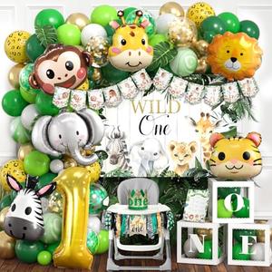 Winrayk Wild One Birthday Decorations Party Supplies, 1st First Birthday Decorations for Boy or Girl - Balloon Box, High Chair & Photo Banner, Backdrop, Jungle Safari Foil Balloon Arch, Hat, Poster