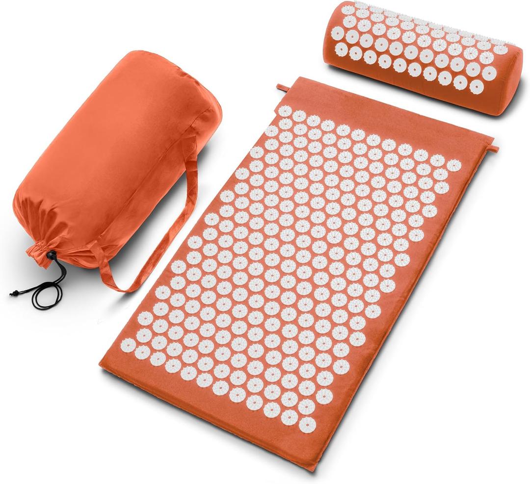 Sivan Health and Fitness Acupressure Mat and Pillow Set - Grounding Mat for Stress, Back & Neck Pain - Acupuncture Point Massage Mat for Muscle Relaxation, Sciatica, & Meditation - Includes Carry Bag (Large, Orange/White)