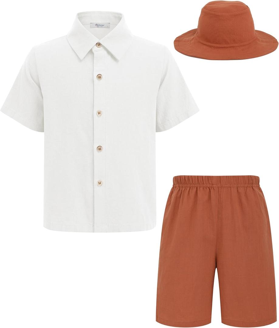 Arshiner Boys Cotton Linen Shorts Sets Button Down Short Sleeve Shirt and Shorts with Bucket Hat Summer Beach Outfits (White)