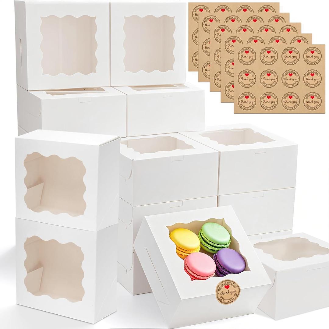 50pcs Cookie Boxes with Window, 6x6x3 Inches White Bakery Boxes, 60 Pcs Stickers,for Small Cookies, Treats, Candy, Desserts, Chocolate Covered Strawberries,Mini Cake Boxes
