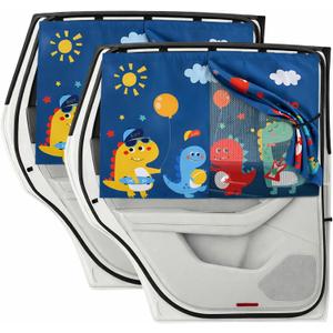 Car Window Shade for Baby, 2 Pack Magnetic Double Layer Sun Shade with Cute Dinosaur Design, Adjustable Privacy Blackout/See-Through Window Curtains, UV Protection, Fits Most Cars SUV Minivan
