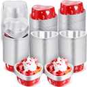 Domensi 100 Sets Aluminum Foil Heart Shaped Cake Pans Mini Cupcake Cup with Lids Flan Pan Disposable Flan Baking Cups for Valentine's Day Mother's Day Wedding Birthday(Classic,3.4 oz)