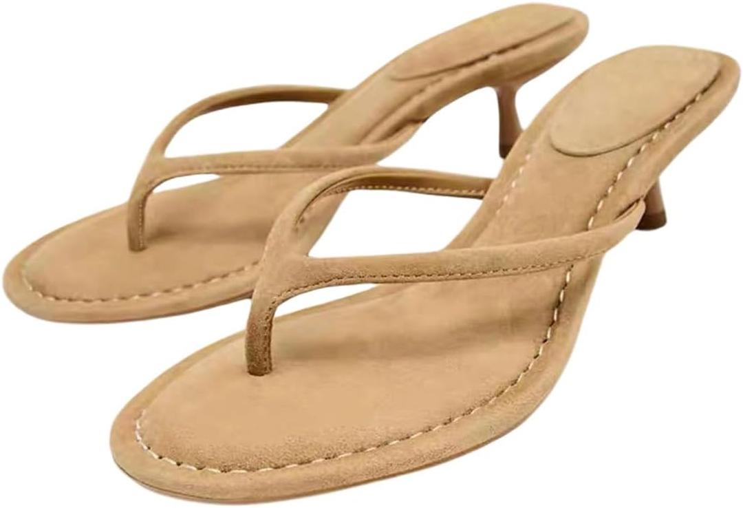 MakeMeChic Women's Suede Kitten Heels Sandals Thong Open Toe Flip Flop Heeled Sandals Vacation Party Summer Shoes Brown 7