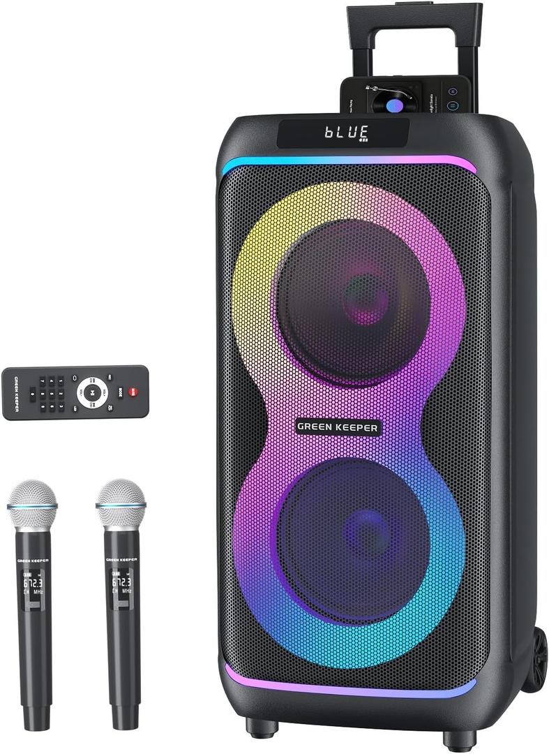 GKDT81 Karaoke Machine with 2 Microphones for Adults, 80W Rated Power, Dual 8" Woofers, Portable Bluetooth Party Speaker with Wheels & Pull Handle, Deep Bass, LED Lights, PA System for Outdoor Parties