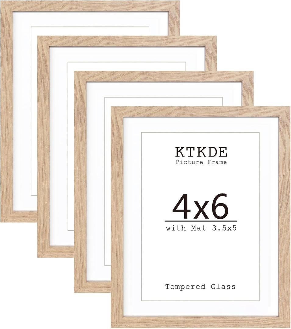 KTKDE 4x6 Picture frame Set of 4,Nature Woodgrain Photo Frame 3.5x5mat or 4x6 Without Mat, Tempered Glass,4 by 6 small picture frames for Wall or Tabletop Family Friends Wedding Gift ideal gift