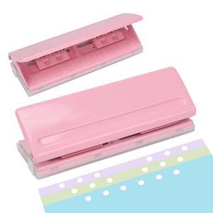 Adjustable 6-Hole Punch - Metal Hole Puncher for A4/A5/A6, Personal & Pocket Planners - 6-Ring Binder Puncher 6-Sheet Capacity, Non-Slip Base, with Ruler & Hole Guide (Pink)