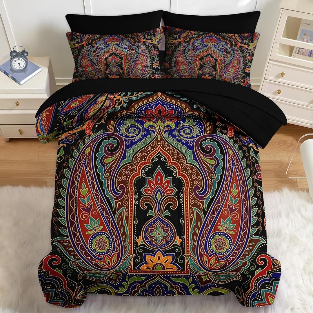 Nesker 7 Pcs Comforter Set Full Size, Paisley Boho Plant Bedding Set for Kids and Adults, Bohemian Retro Floral Bed Sheet Sets with Fitted Sheet 2 Pillowcases & 2 Shams