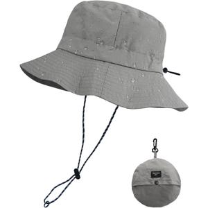 PFFY Quick Dry Waterproof Packable Bucket Hat for Women Men Outdoor Sun Hats with Detachable Chin Strap (Grey (More Fit))