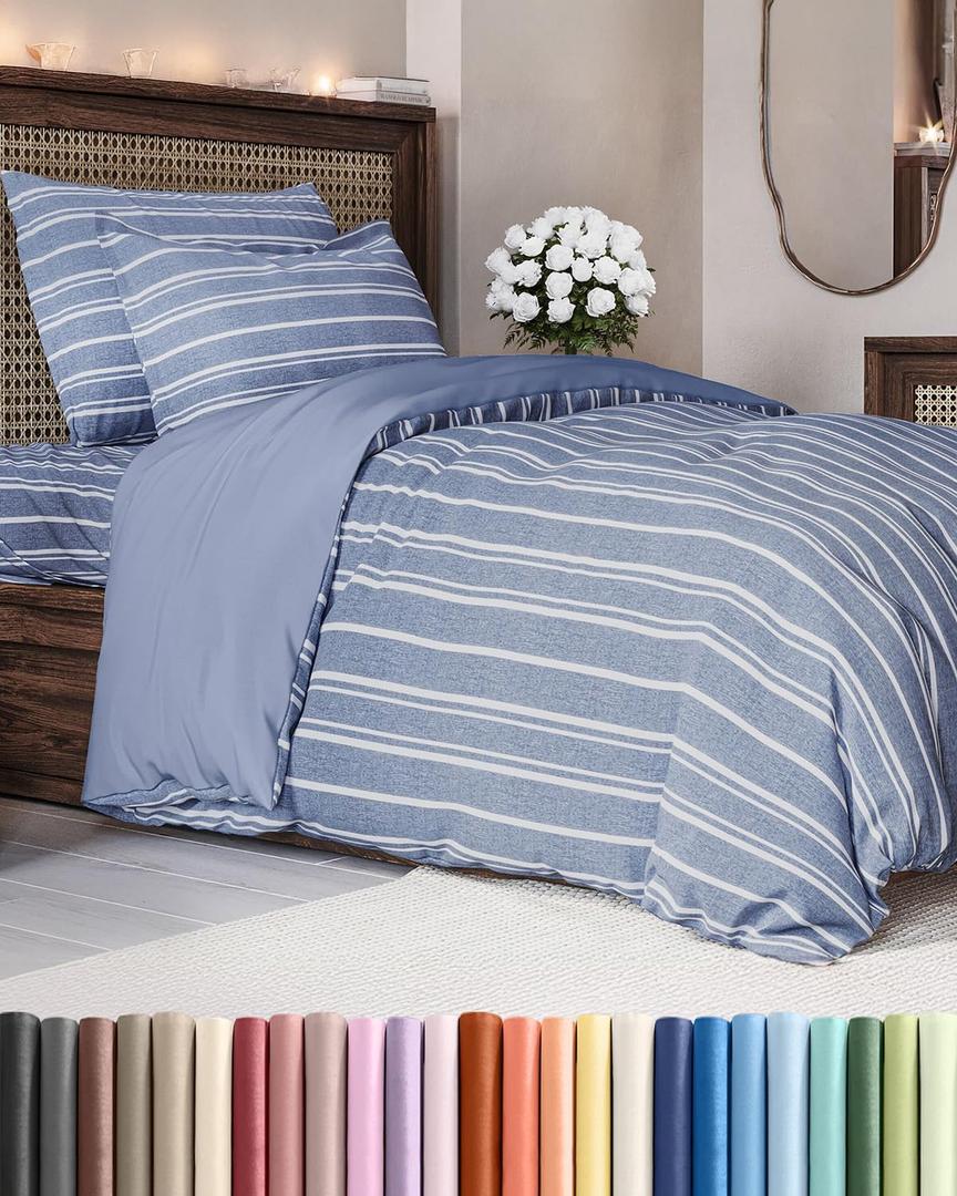 Duvet Cover Twin/Twin XL Size - Extra Soft Twin/Twin XL Size Duvet Cover - Lightweight, Breathable & Cozy w/ Zipper Closures and Ties - 68" x 90" Inches - (Blue Stripes 3) Comforter Not Included